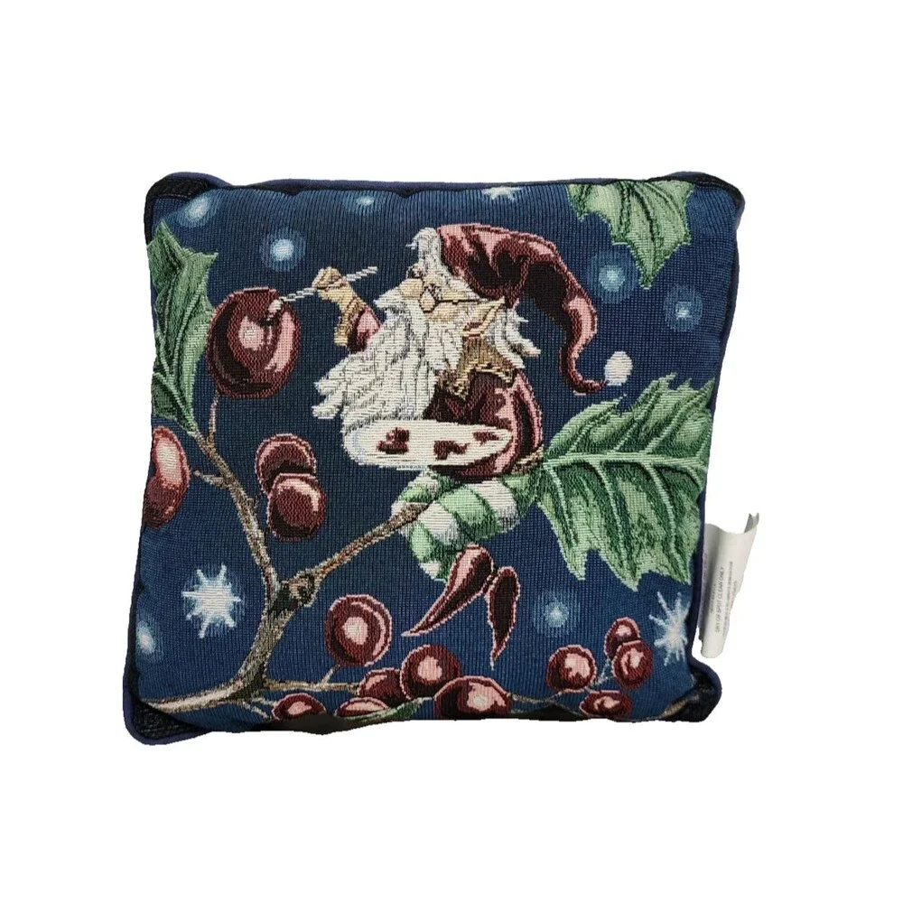 Vintage Christmas Needlepoint Throw Pillows Set 2 Santa Claus Velvet Back Blue